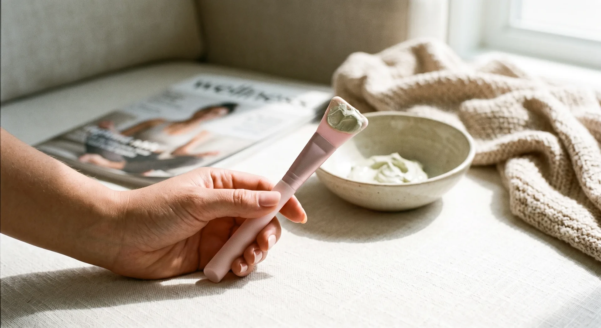 UGC-style skincare content – a hand holding a clay face-mask applicator over a bowl beside a wellness magazine, by a Miami content creator